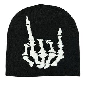Rock On Black Beanie – Warm Cozy Knit Skull Hand Toque Hat